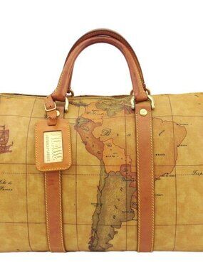 PRIMA CLASSE Handbag Map Pattern Sepia PVC x Leather Authentic Used i683